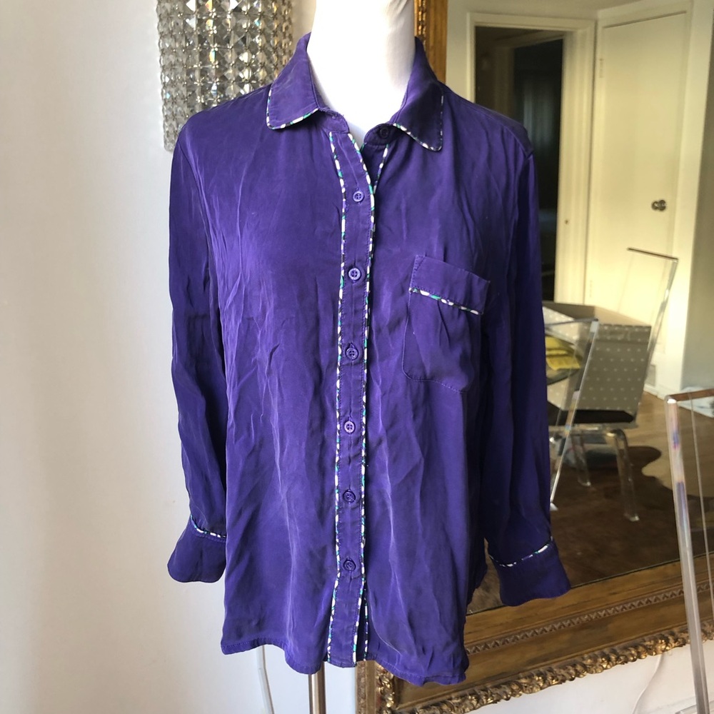 Piamita Purple Button-Up Shirt with Trim silk size medium